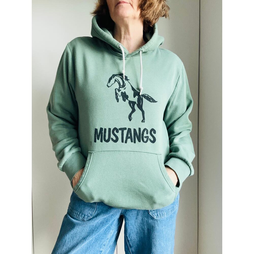 VTG 70s Mustang Mascot Hoodie Green Size L Collegiate Graphic Sweatshirt Unisex - Picture 3 of 6